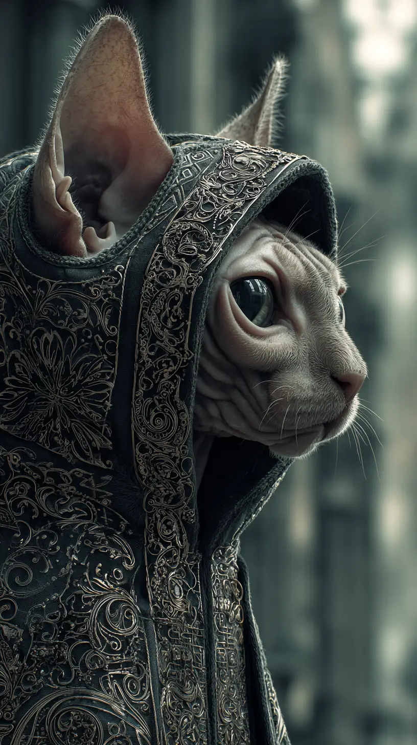 Gato Sphynx com moletom ornamentado em retrato de fantasia urbana