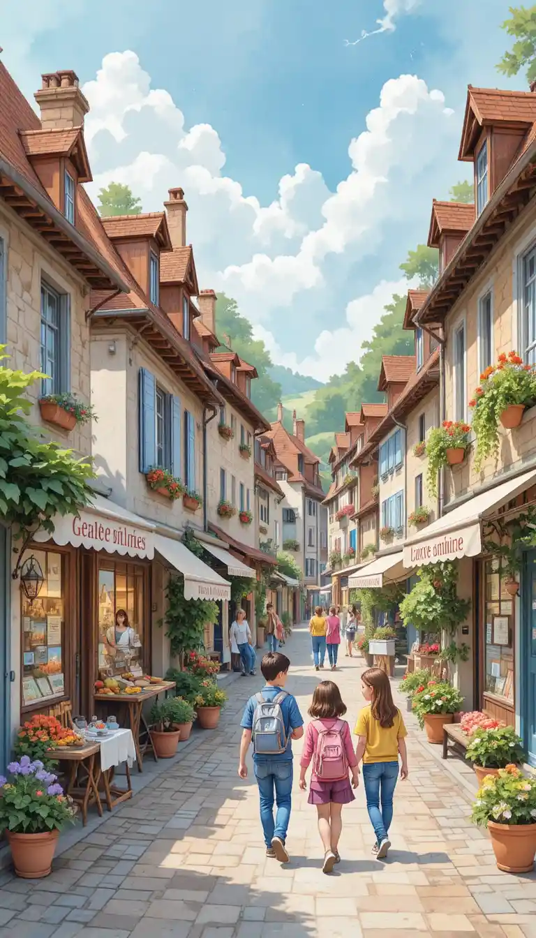 Watercolor view of a cozy French village market street