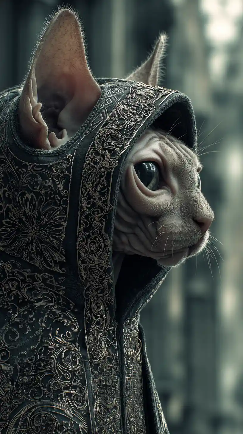 Chat Sphynx en hoodie orné dans un portrait de fantasy urbaine