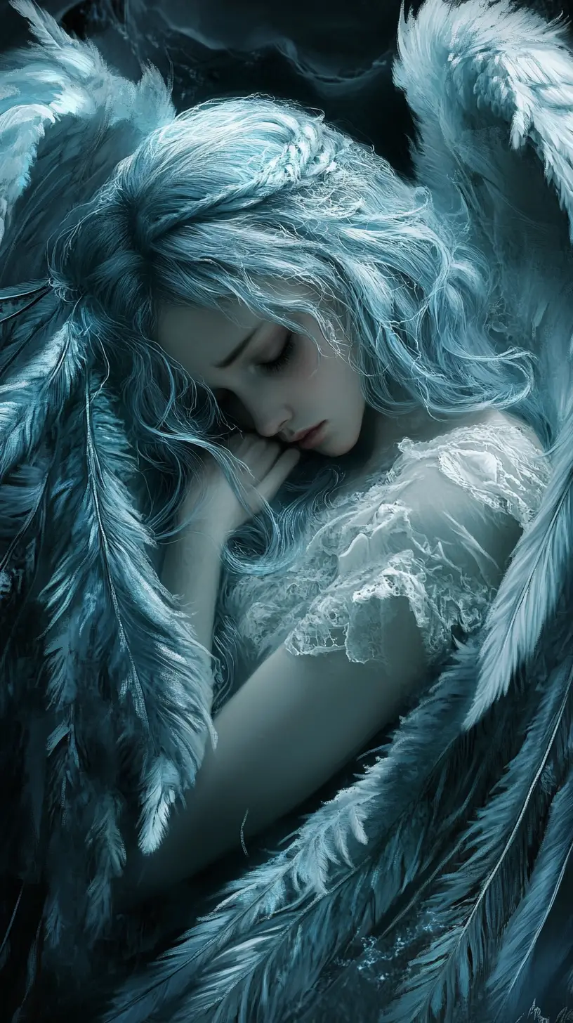 Ángel melancólico de cabello azul hielo en suave luz etérea