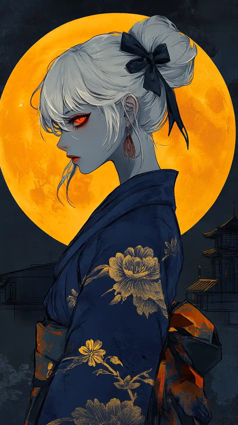 Anime-Frau im blauen Kimono vor einem goldenen Vollmond