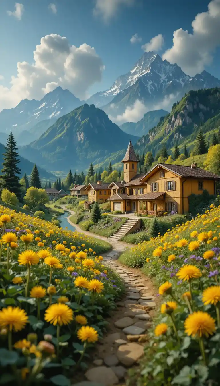 Tarassaco giallo nell’erba verde dipinto in stile impressionista