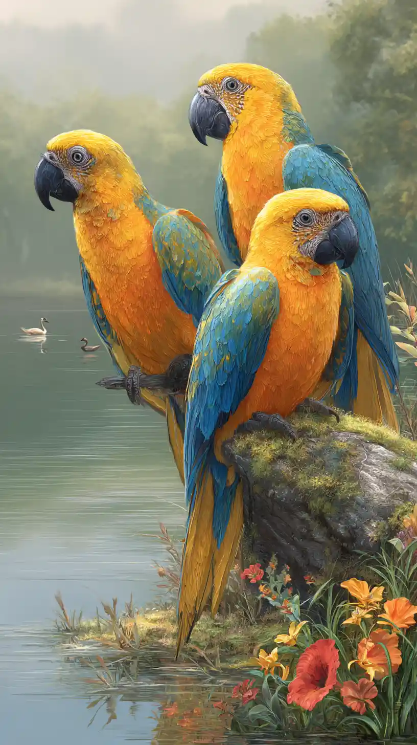 Loros coloridos sobre roca musgosa junto a un lago tranquilo