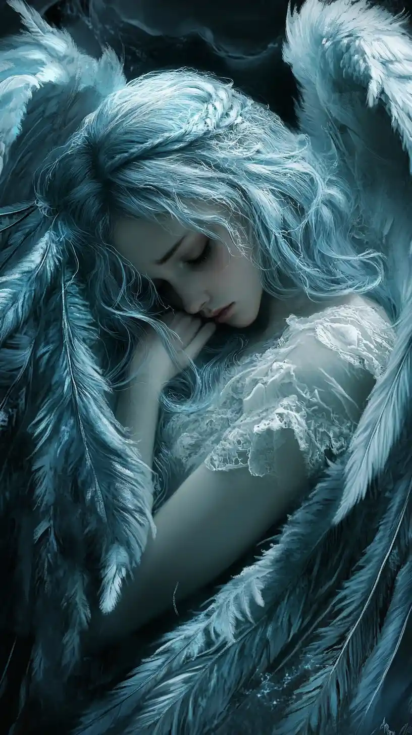 Ángel melancólico de cabello azul hielo en suave luz etérea