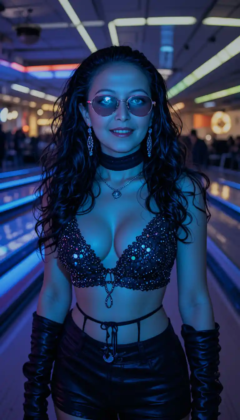 Eccentric fashion woman with long black curly hair at dawn