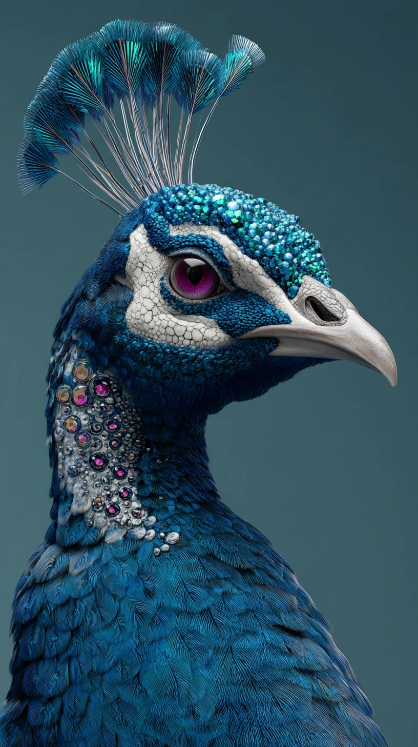 Perfil majestoso de pavão em ilustração 3D em tons de joia
