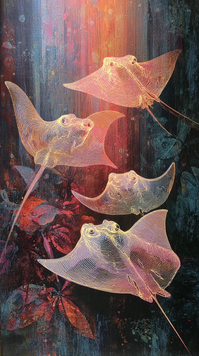 Translucent manta rays drift through an abandoned subway station