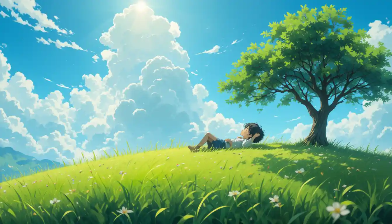 Boy resting on a sunny green hillside under summer sky