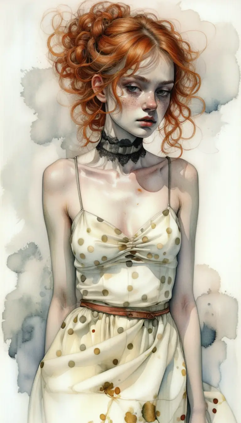 Ragazza dai capelli rossi con lentiggini in abito giallo e choker