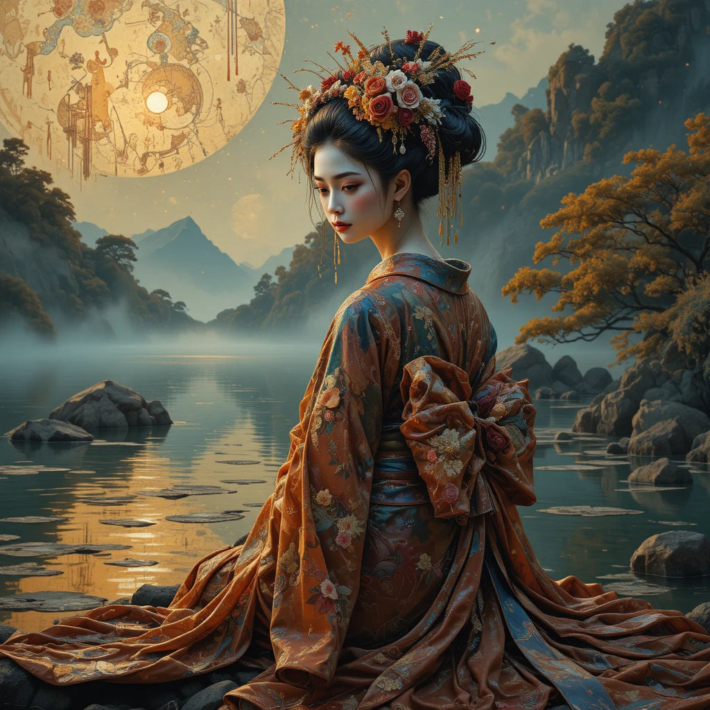 Geisha ornée en haut-relief au bord d’un lac brumeux