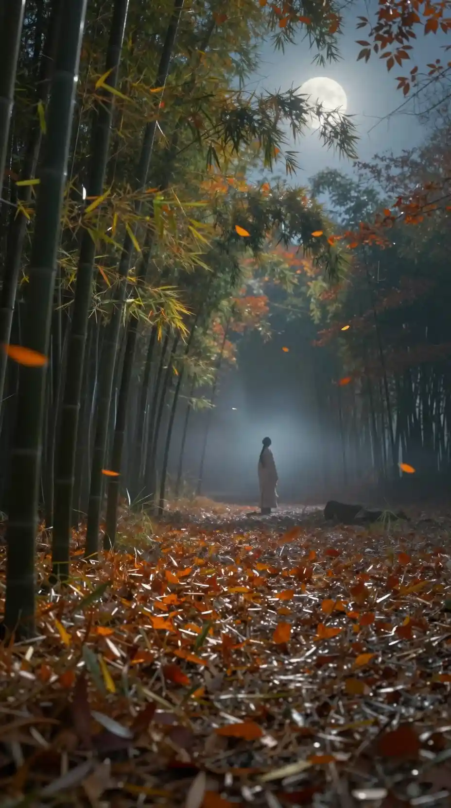 Stiller Herbstwald im Mondlicht mit einsamer Gestalt