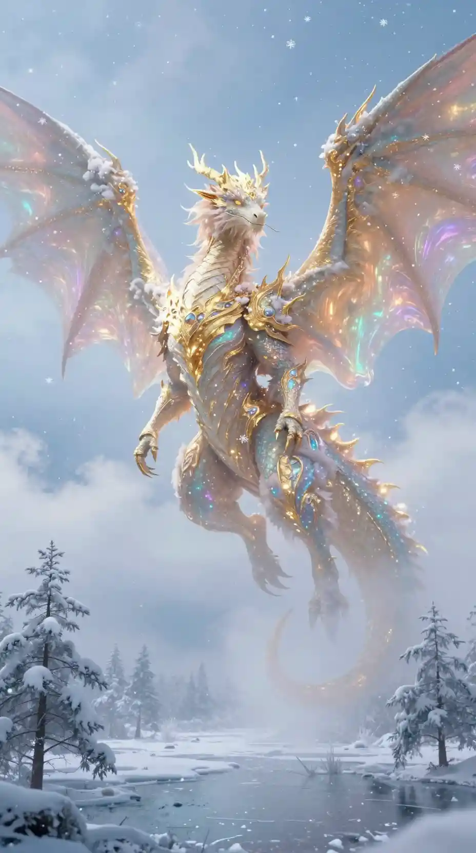 Majestätischer Drache über einer friedlichen Winterlandschaft