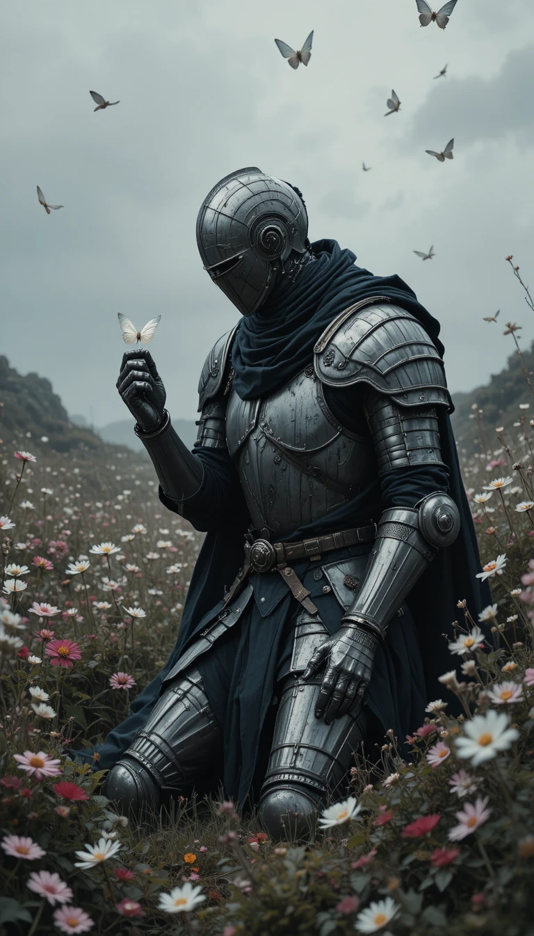 Medieval knight kneeling peacefully in a wildflower field