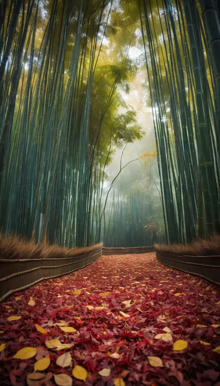 Tranquil autumn forest with drifting leaves and bamboo