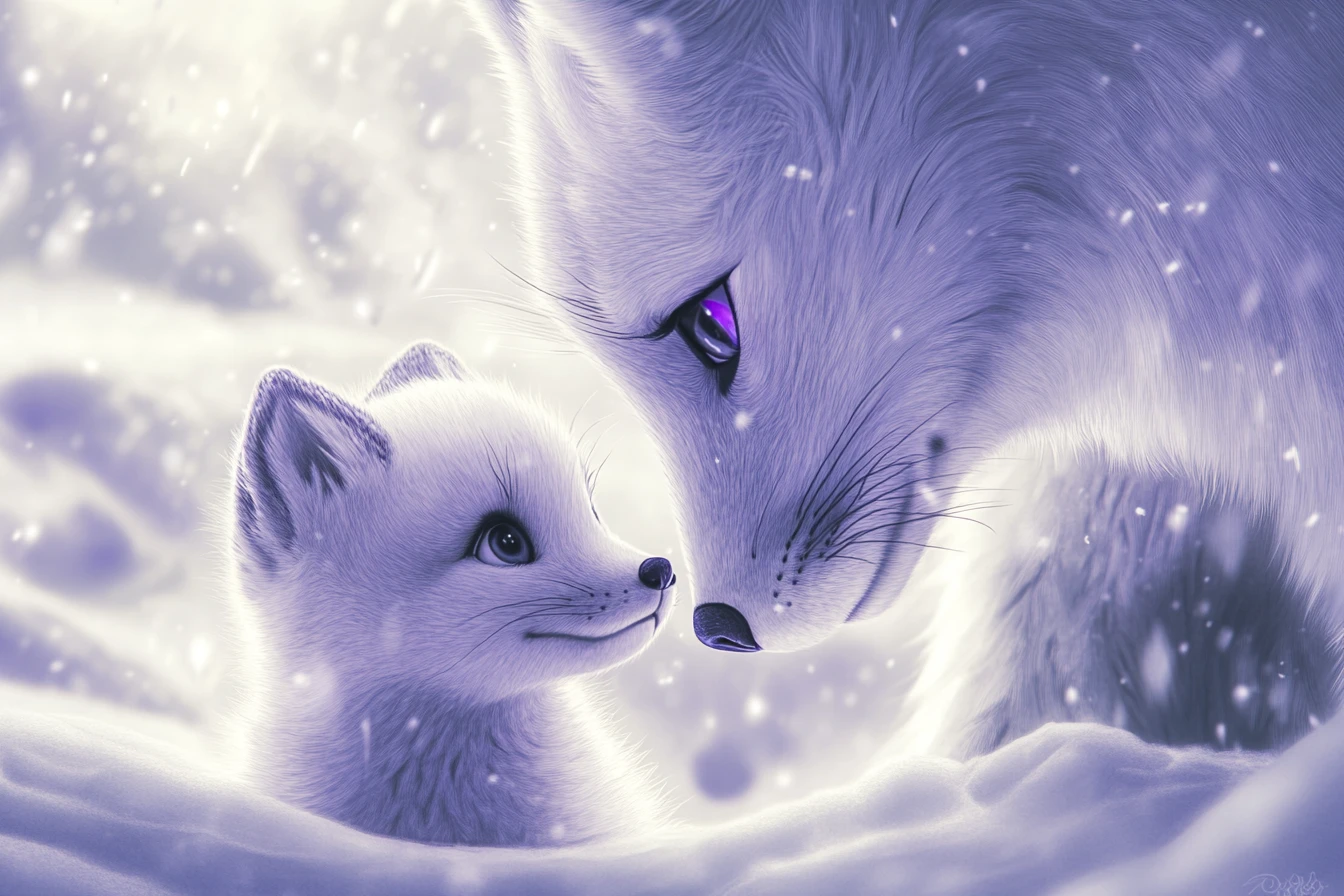 Baby arctic fox nuzzling its mother in snowy den