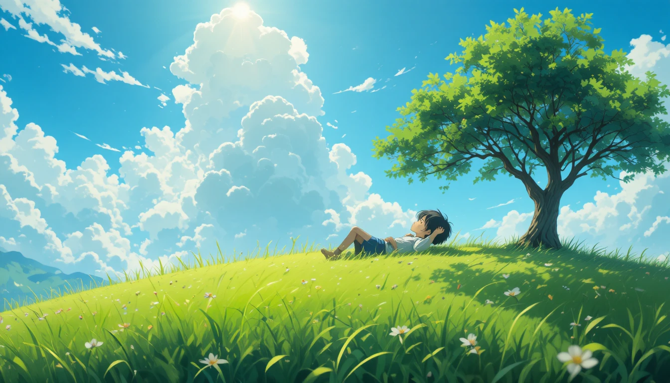 Boy resting on a sunny green hillside under summer sky