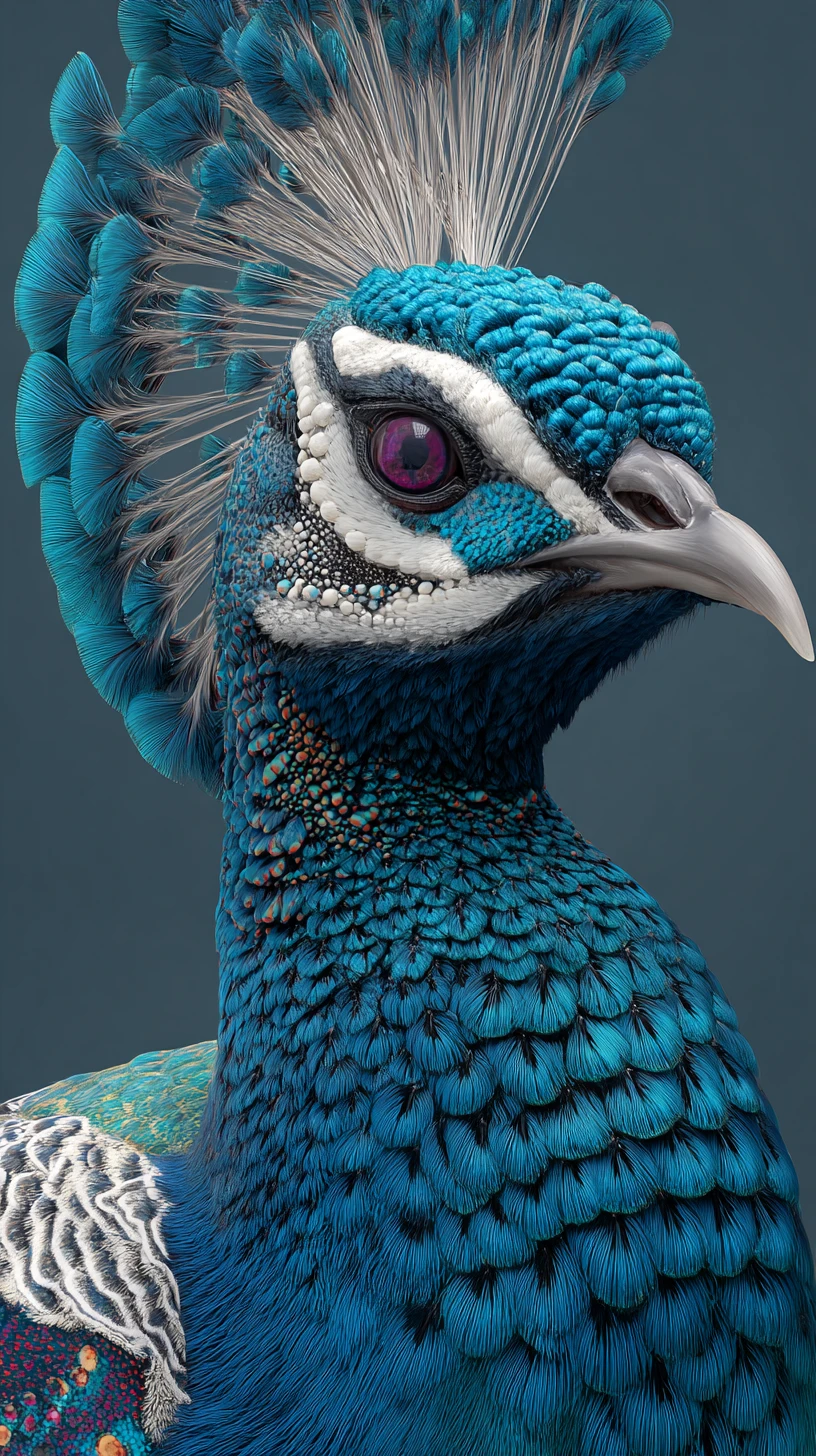 Retrato de perfil de pavão majestoso com plumagem iridescente e cintilante