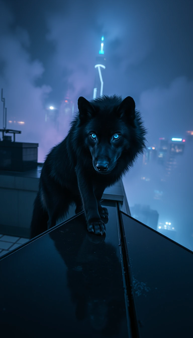 Lobo sombrio em topo de arranha‑céu iluminado por neon à noite