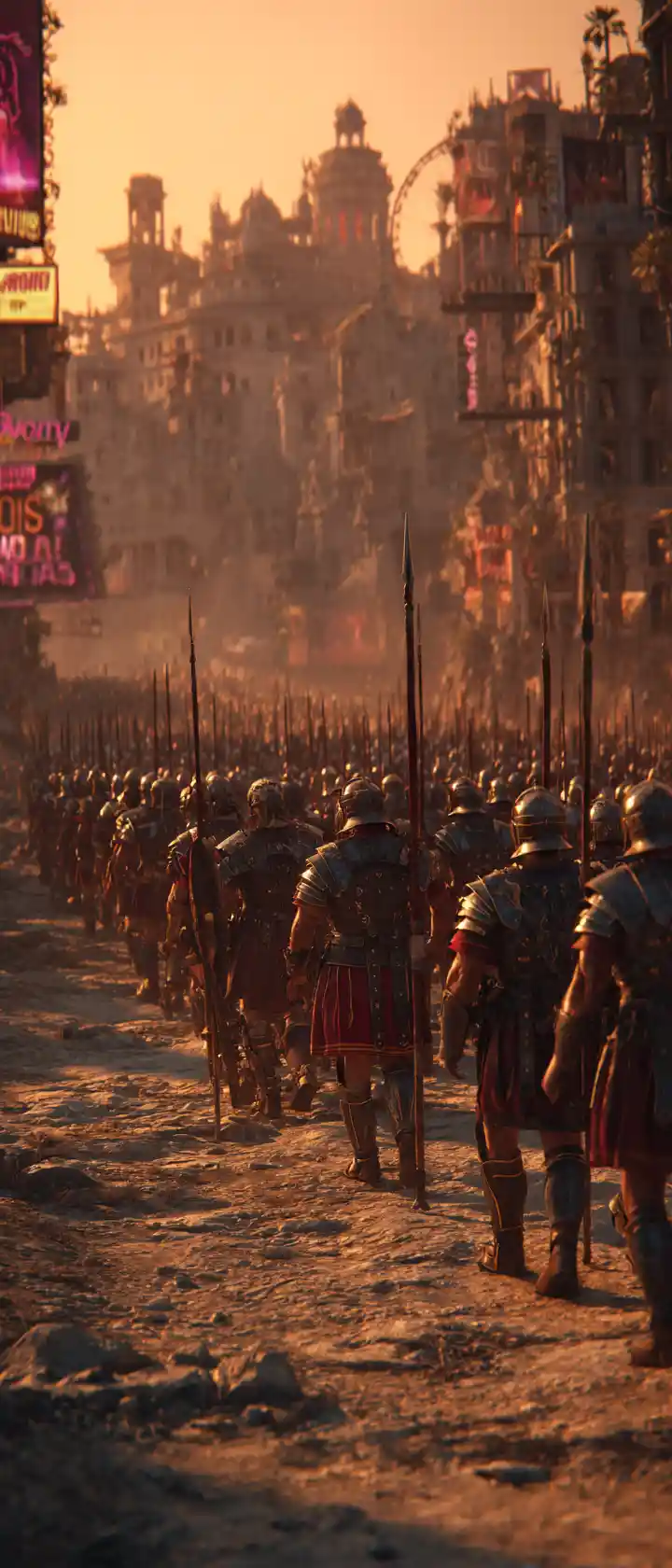 Roman legion marching through ruined Las Vegas at dusk