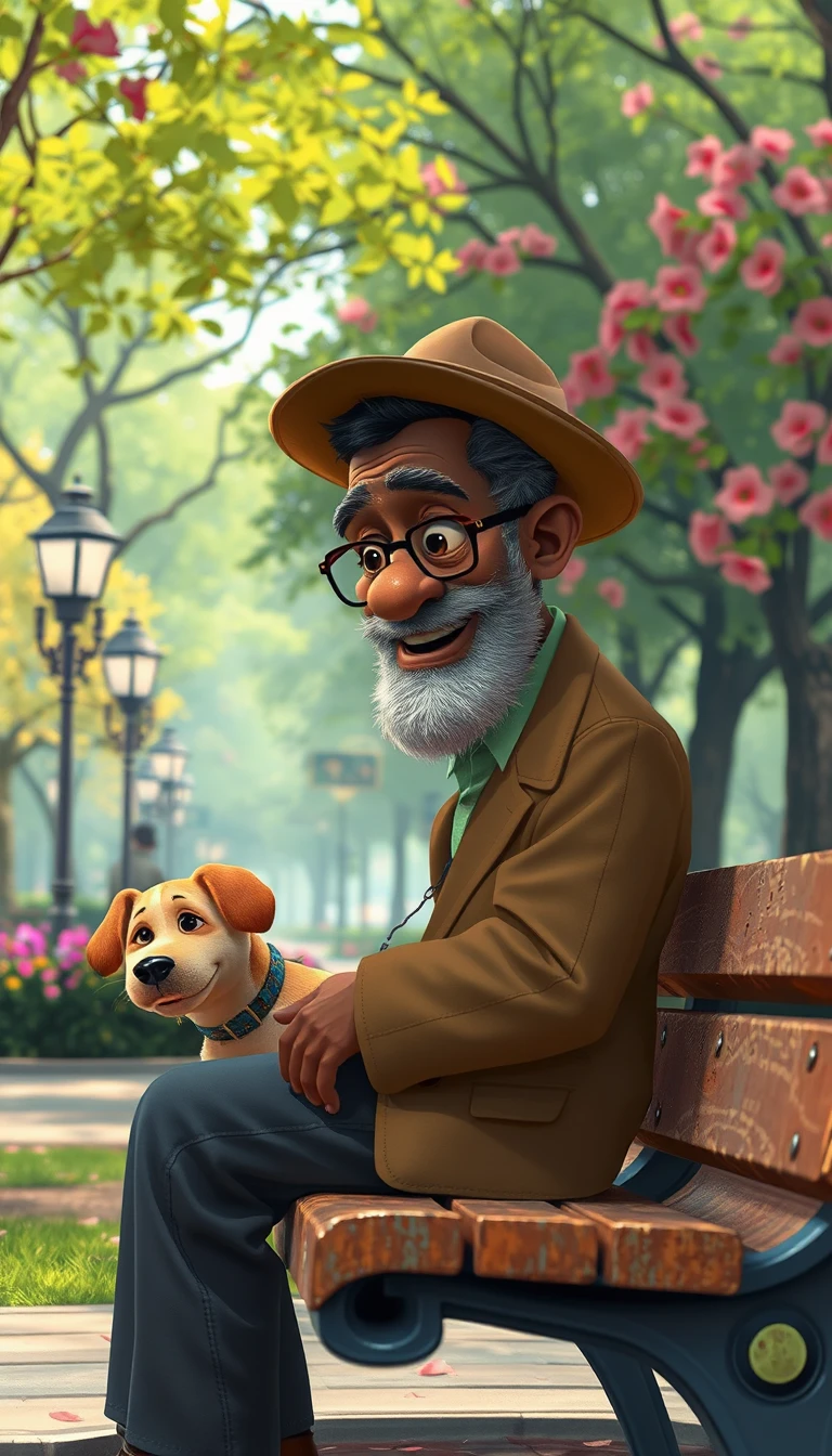 Idoso africano com cachorro em um banco em parque florido