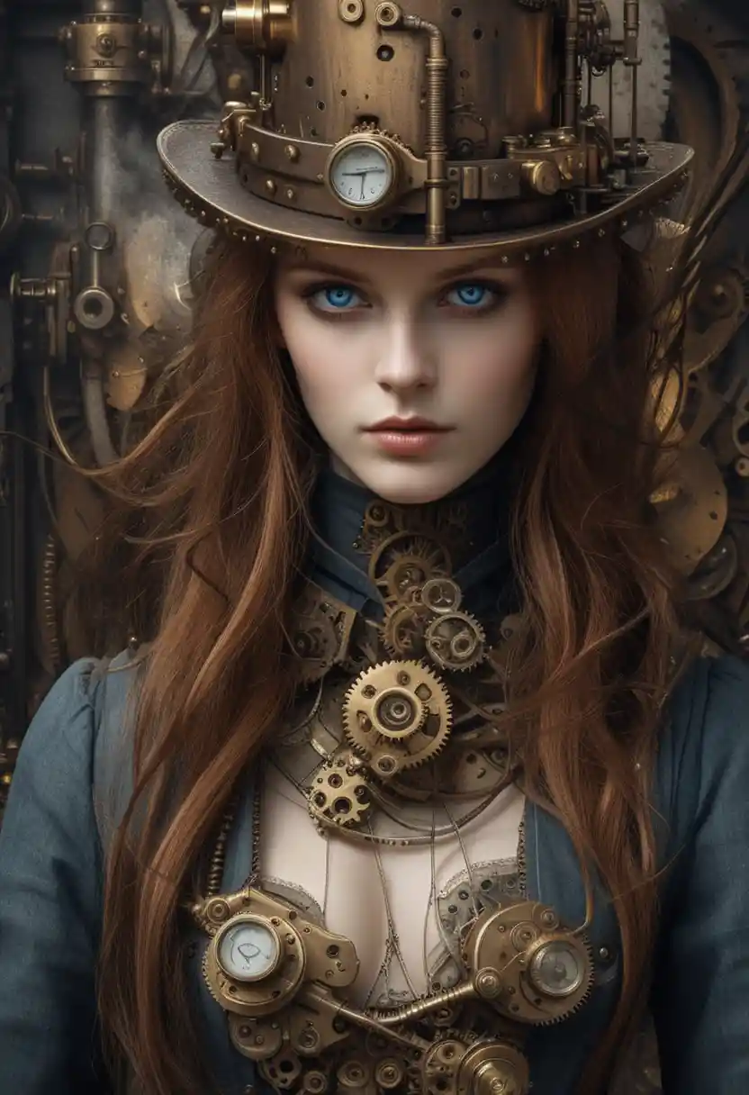 Steampunk-Frau mit mechanischem Körper und verziertem Zylinder