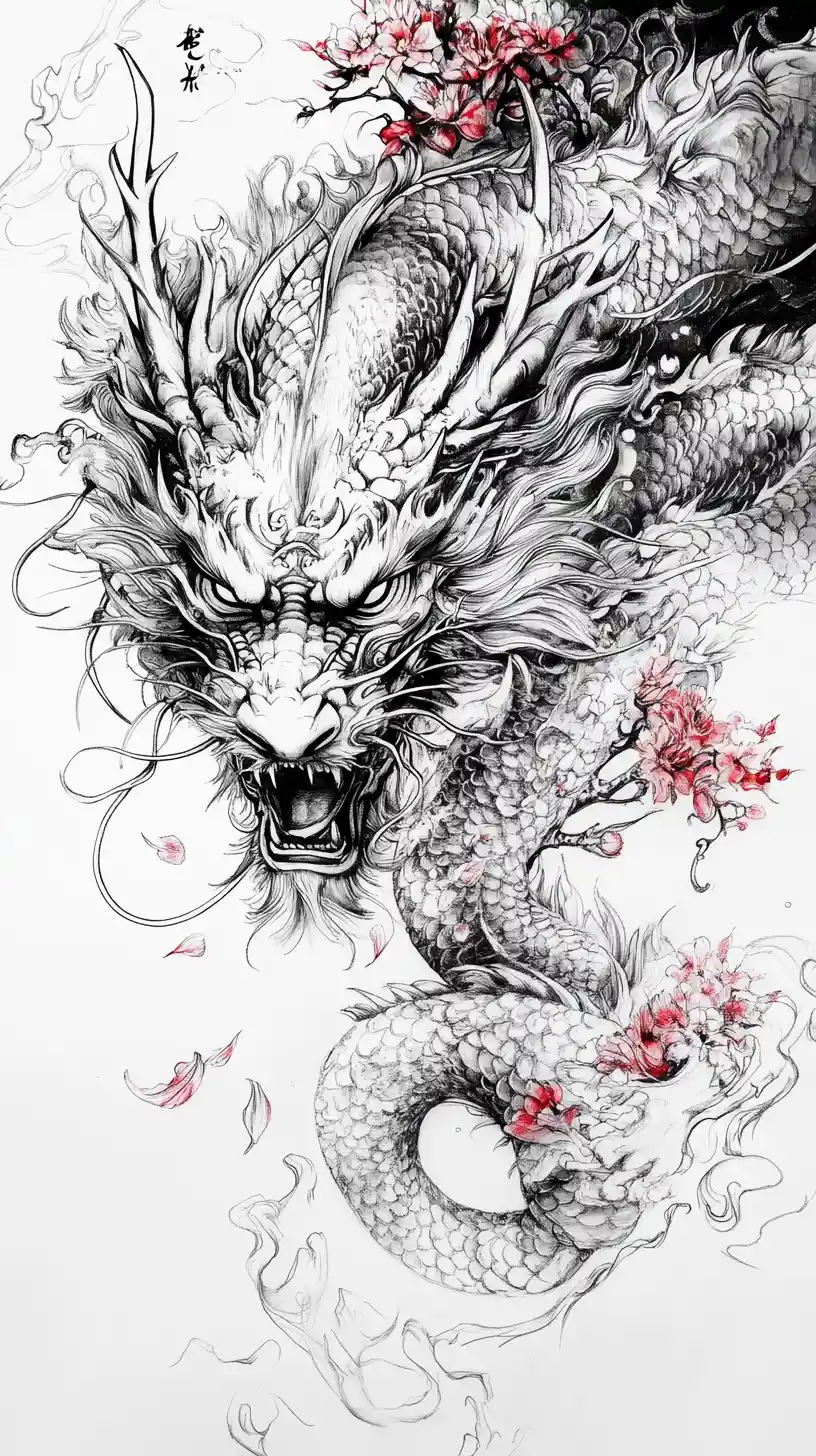 Intricate Ink Dragon Face Formed From Floral Elements