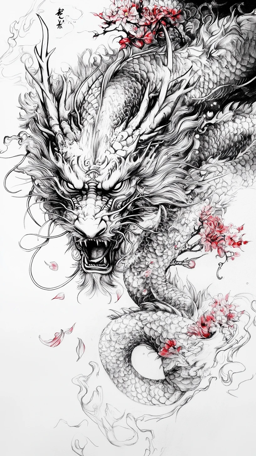 Visage de Dragon à l’Encre Intriqué Formé d’Éléments Floraux