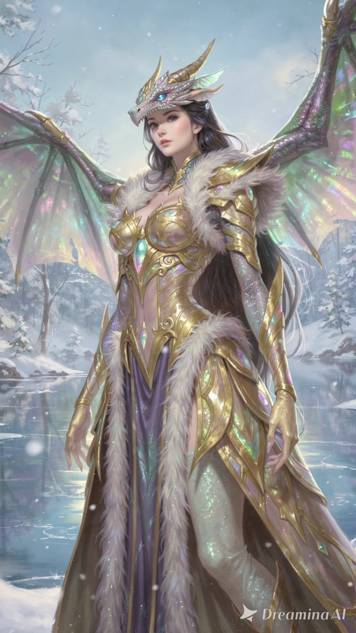 Golden armored dragon rising over a tranquil winter landscape