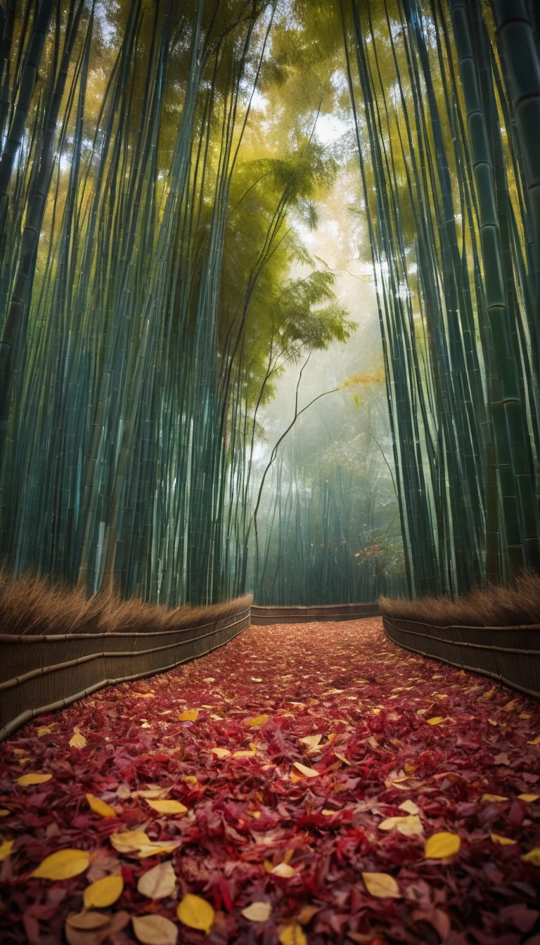 Tranquil autumn forest with drifting leaves and bamboo