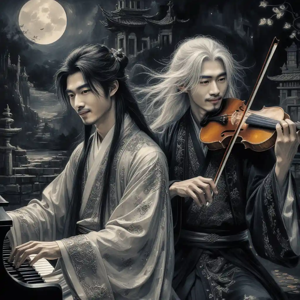 Músicos chineses etéreos em pintura a óleo gótica monocromática