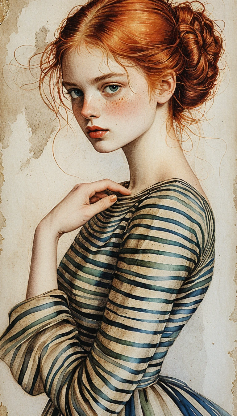 Retrato em estilo renascentista de uma garota ruiva em listras