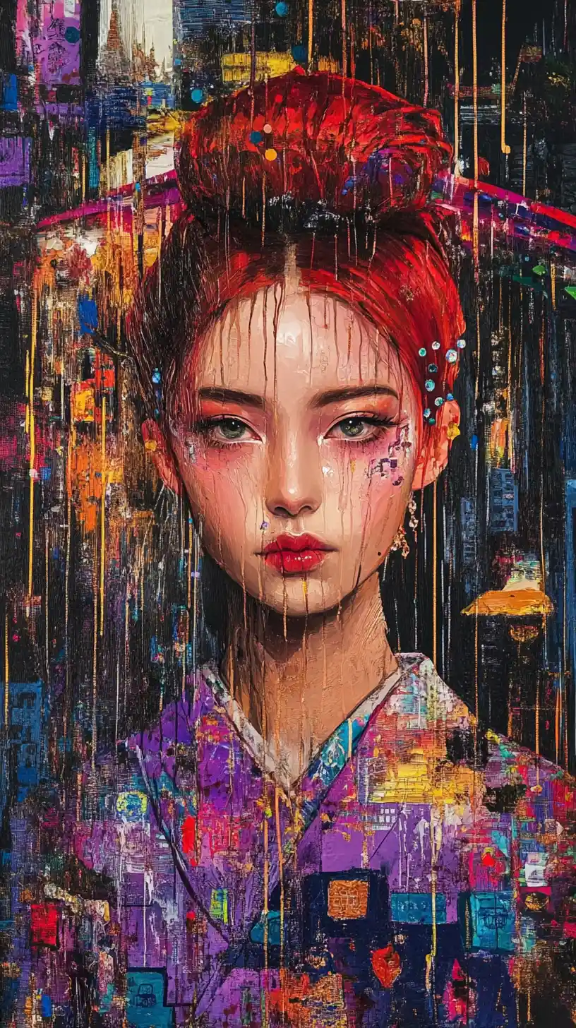 Retrato de mulher de meia-idade em cidade chuvosa iluminada por néon