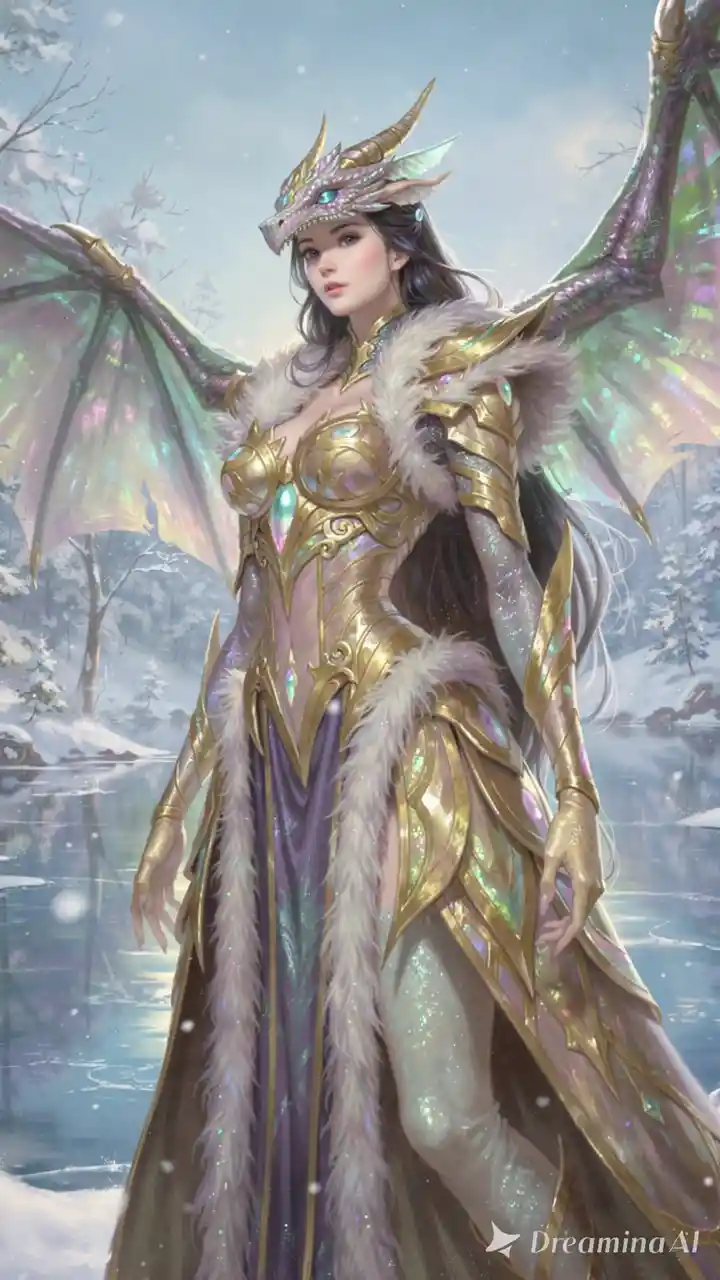 Golden armored dragon rising over a tranquil winter landscape