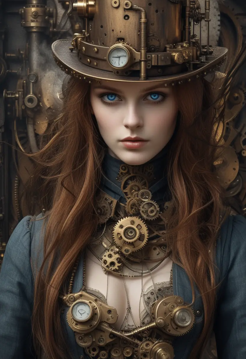 Steampunk-Frau mit mechanischem Körper und verziertem Zylinder