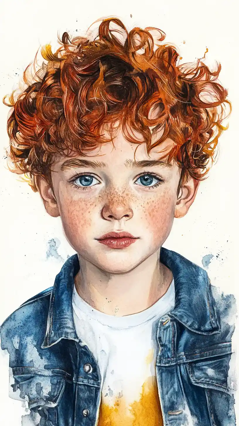 Freckled red haired boy in watercolor mixed media portrait