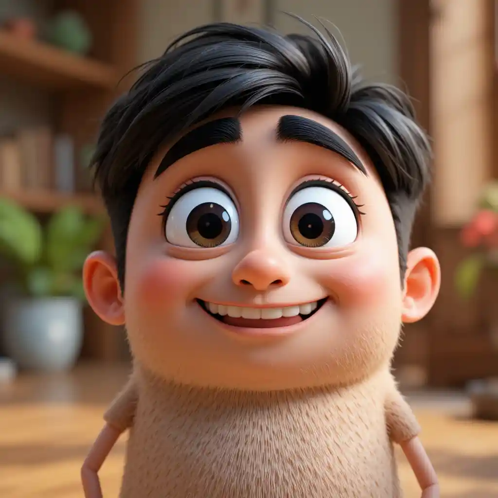 Pixar style 3D cartoon character with big expressive eyes