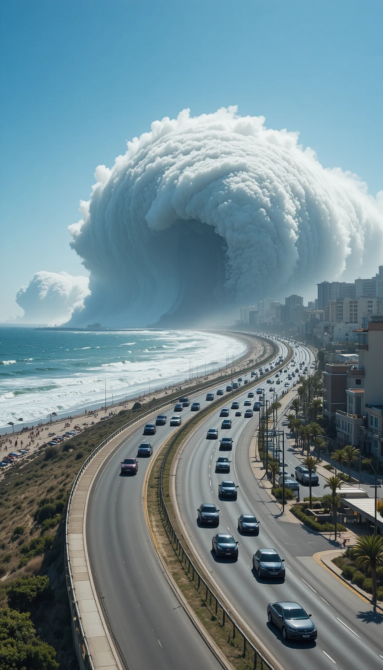 Tráfego em rodovia litorânea ao sol com onda gigante se aproximando