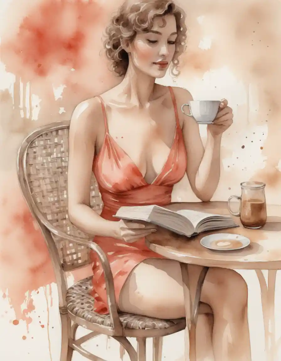 Woman Reading At A Vintage Cafe In Watercolor Style