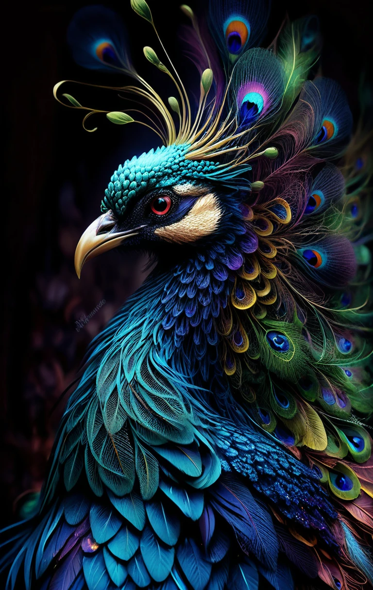 Retrato lateral majestoso de pavão em ilustração 3D em tons de joia