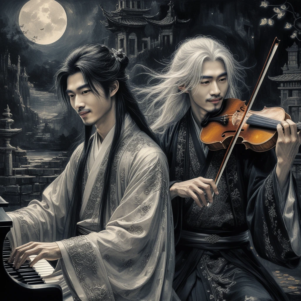 Músicos chineses etéreos em pintura a óleo gótica monocromática