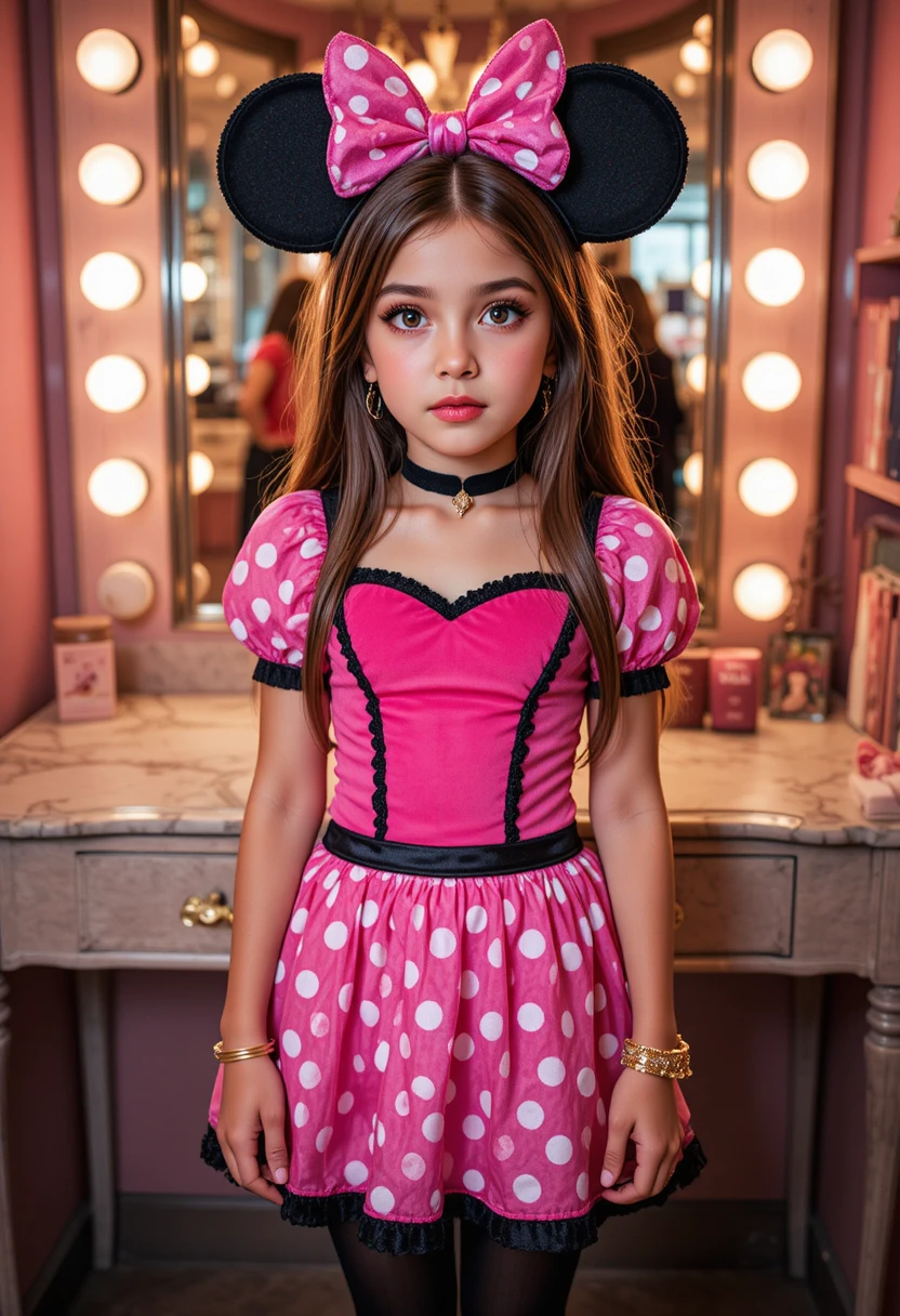 Garoto pré-adolescente nervoso com look inspirado na Minnie em penteadeira de boutique