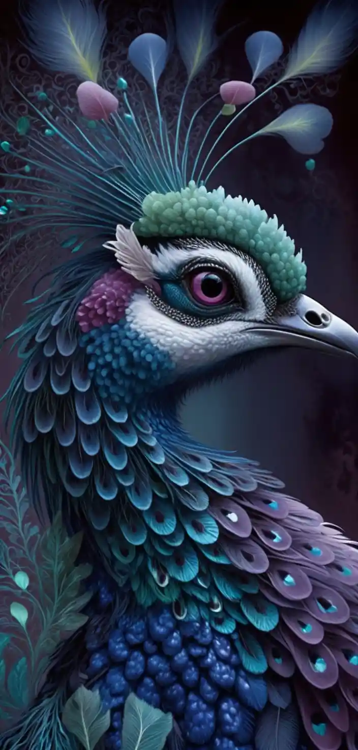 Majestic peacock profile in jewel toned 3D illustration