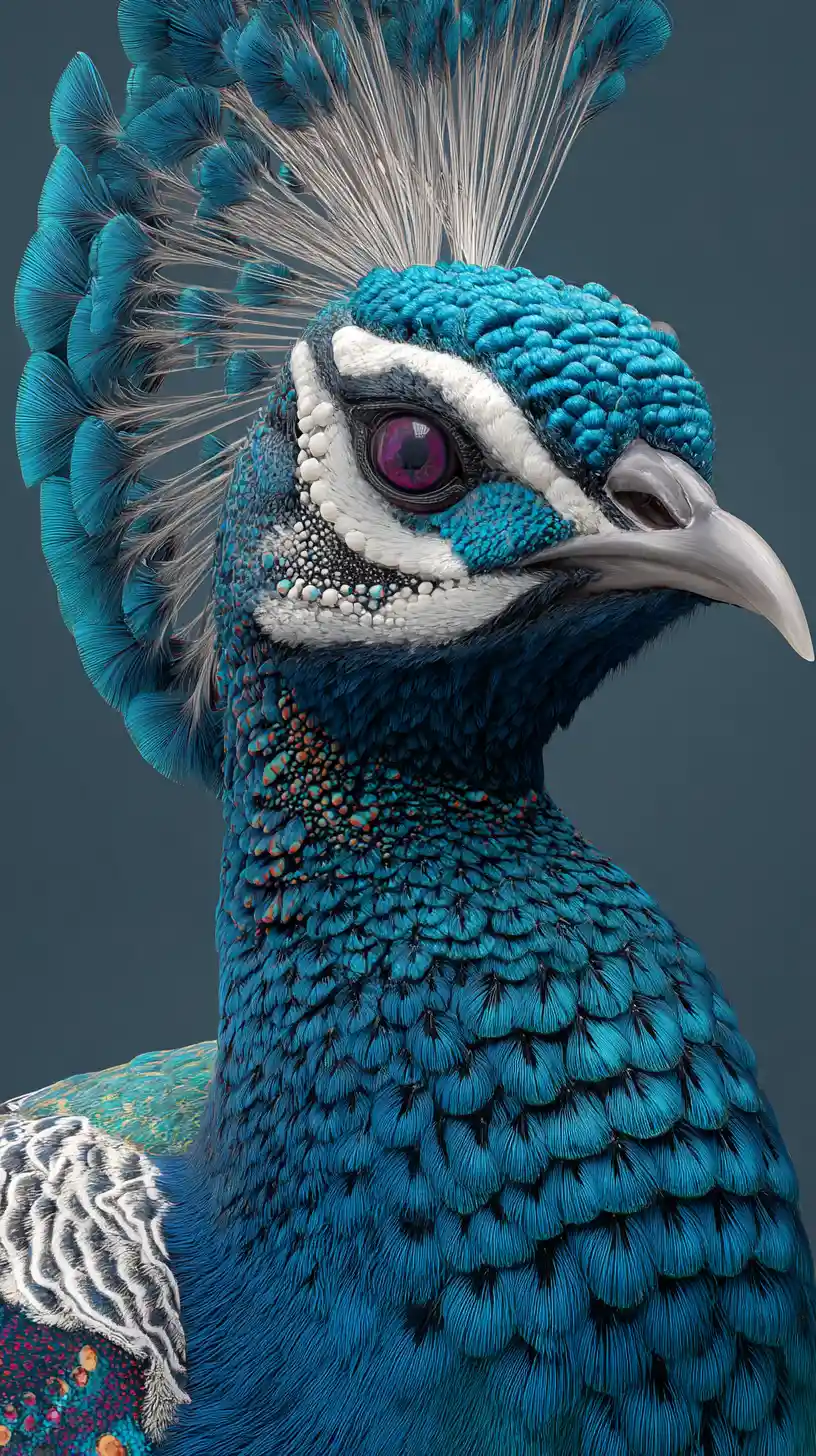 Retrato de perfil de pavão majestoso com plumagem iridescente e cintilante
