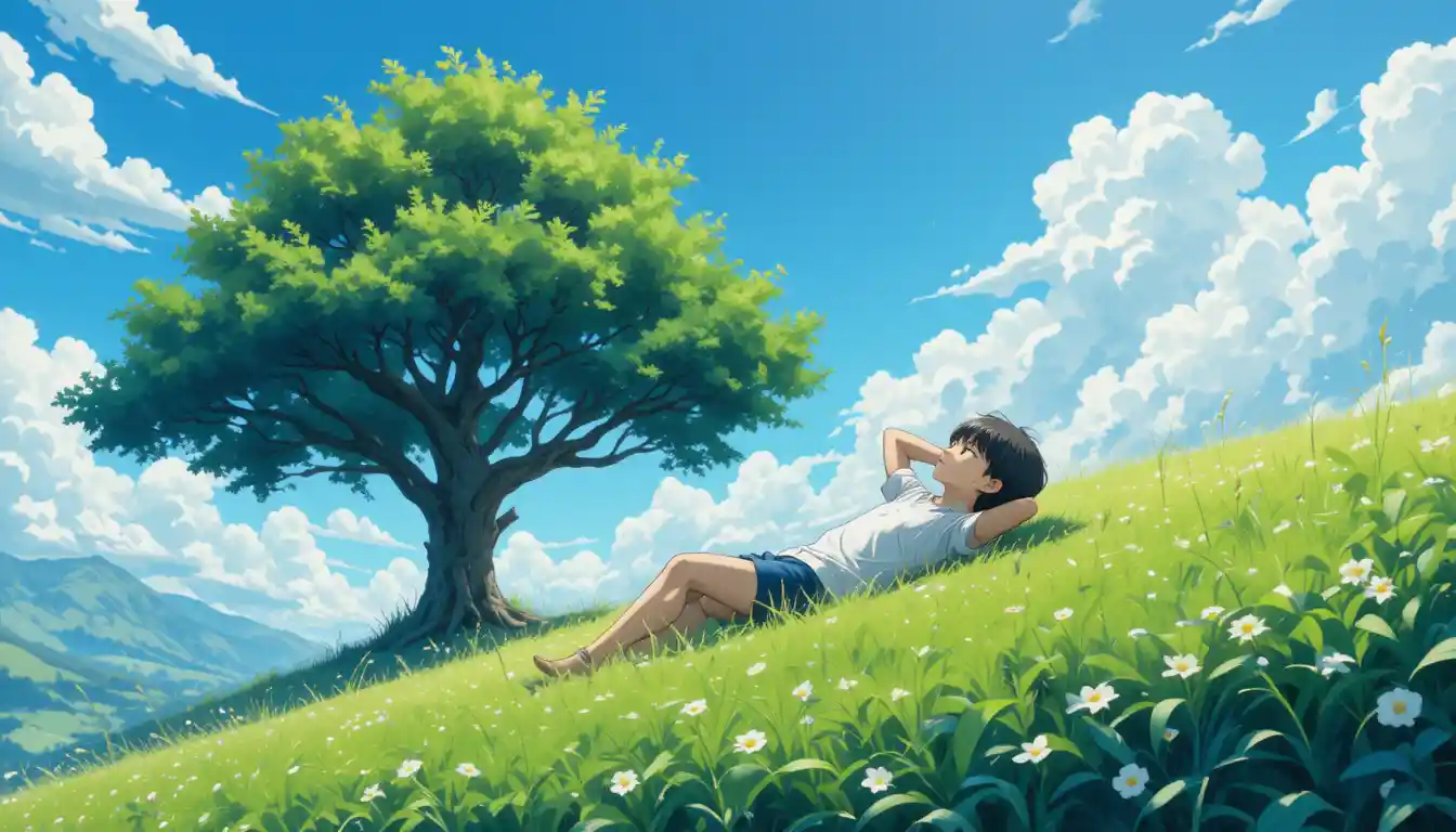 Boy Resting On Sunny Green Hillside Under Summer Sky