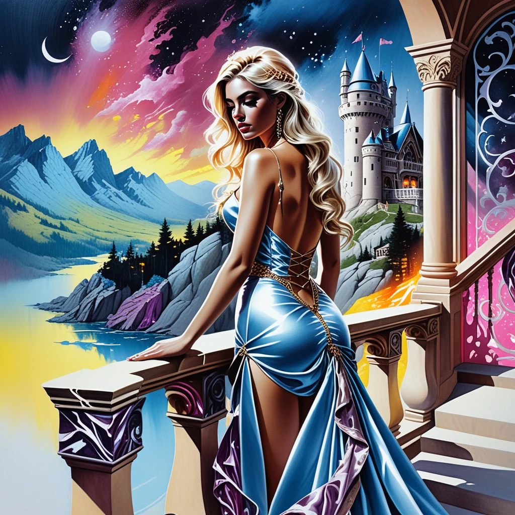 Femme blonde sur un balcon en pierre dans un château fantastique au crépuscule