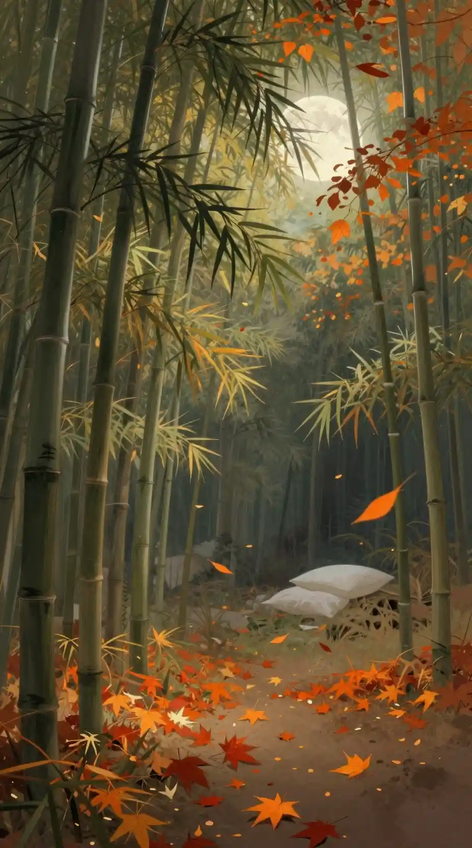 Tranquil bamboo grove with falling autumn leaves