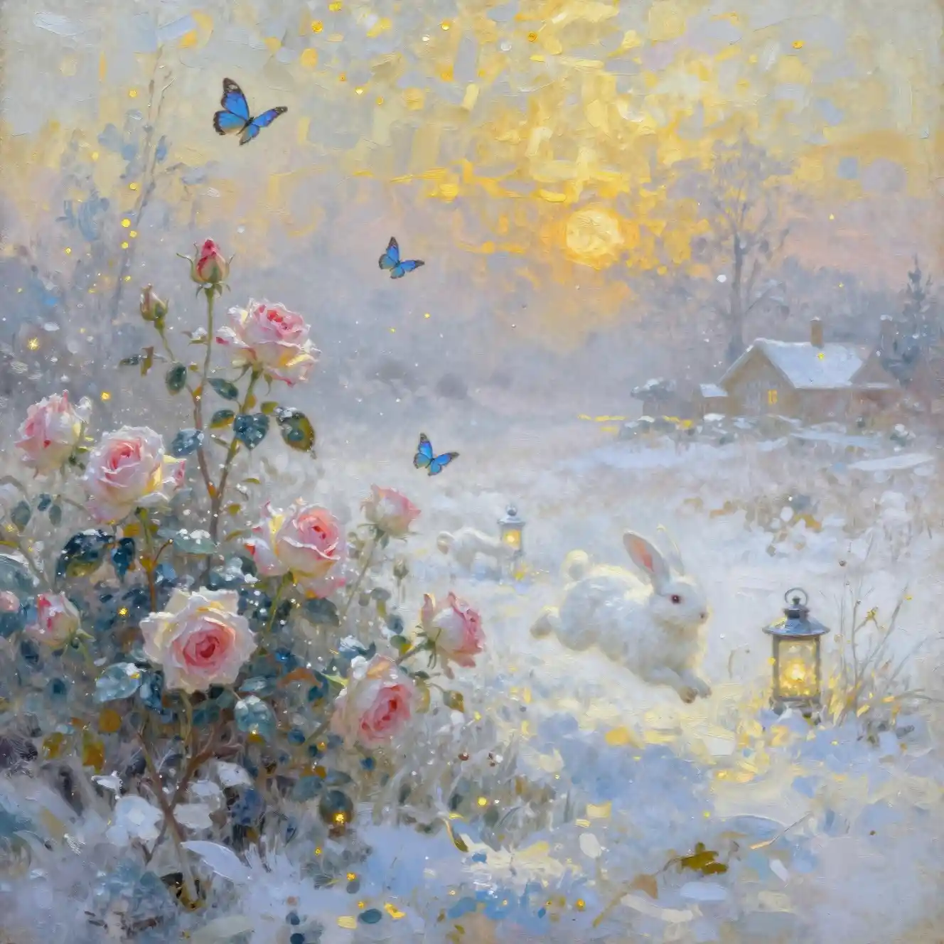 Rosas oníricas e coelho em um prado de inverno enevoado