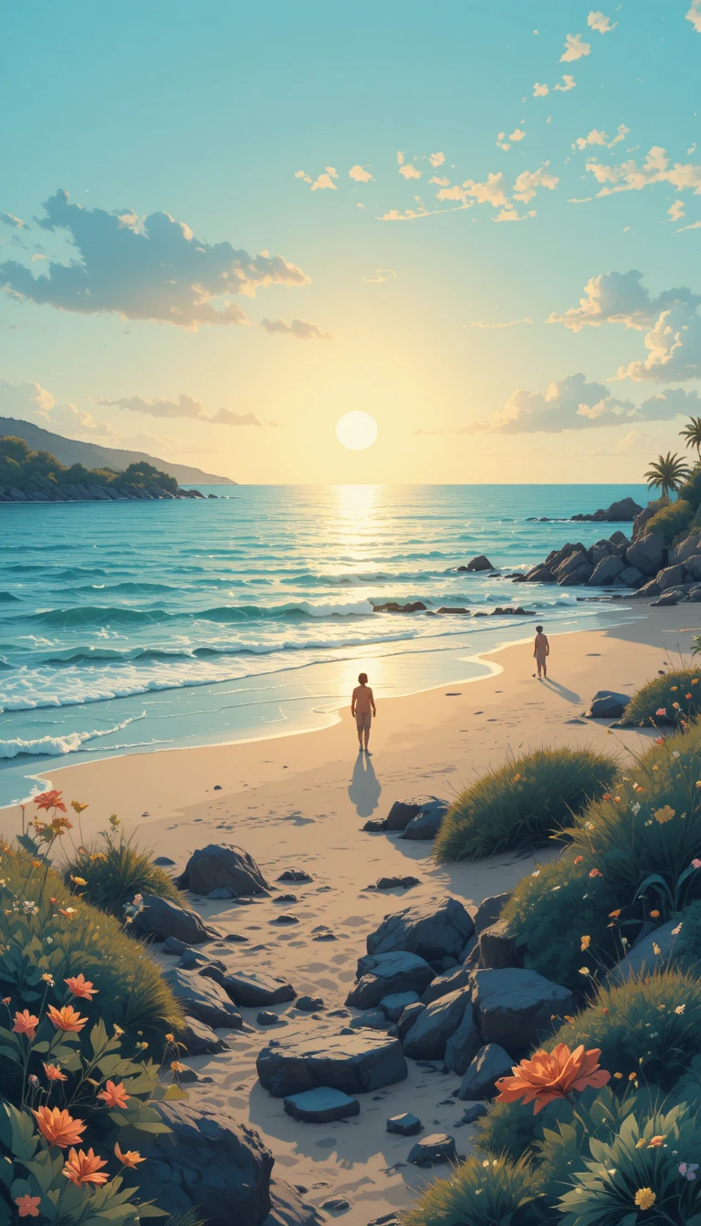 Serene watercolor illustration of a cozy beach and distant sea