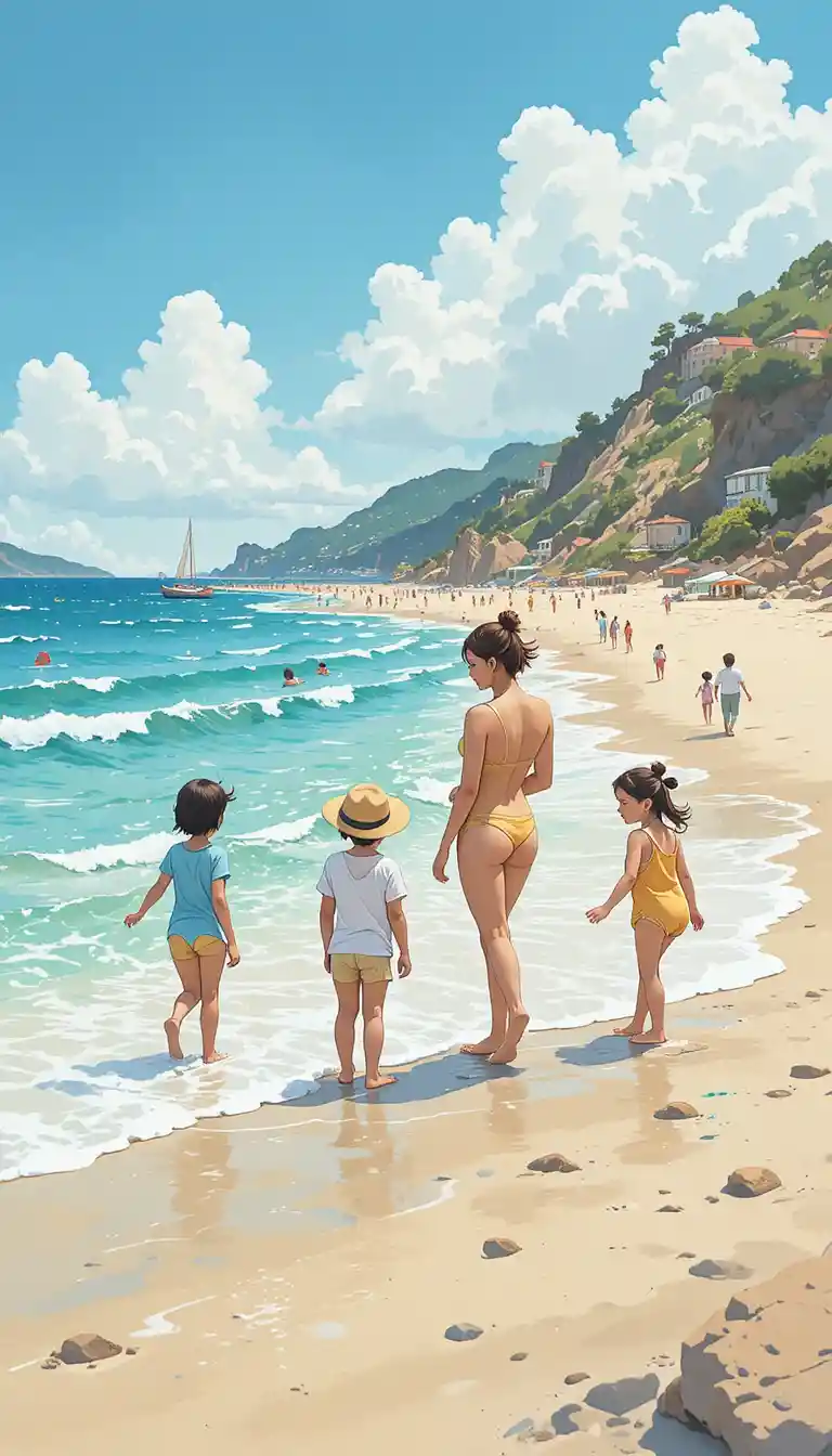 Watercolor families enjoying a sunny day at the beach