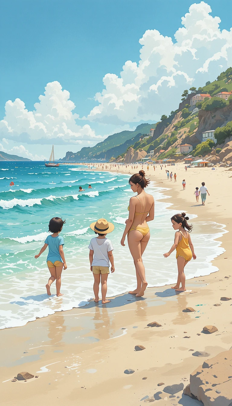 Watercolor families enjoying a sunny day at the beach